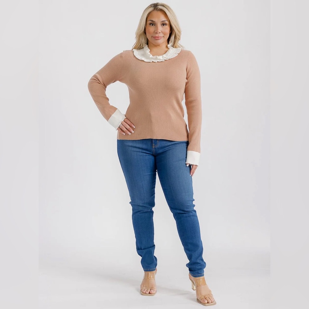 054 PLUS Identity Long Sleeve Ruffle Collar Detail Ribbed Top - Picture 3 of 10